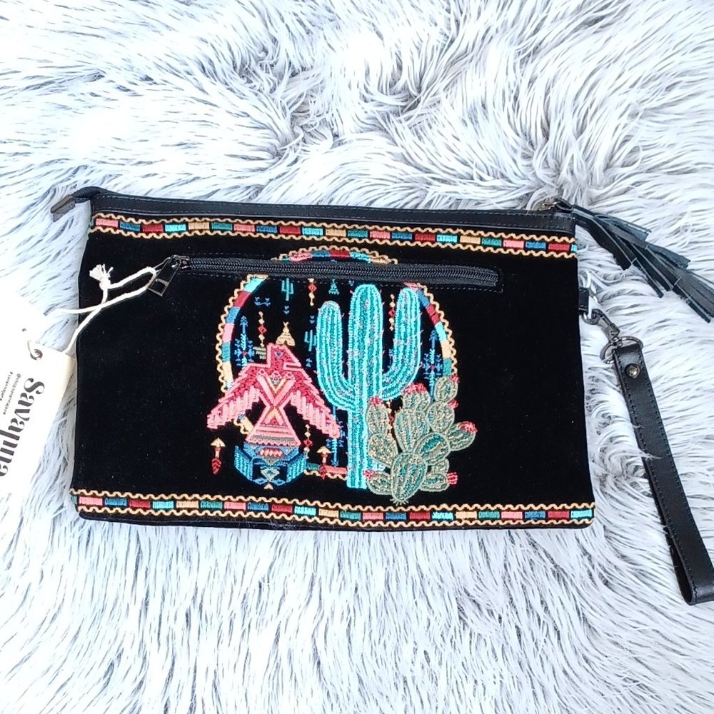 New Savanna Jane Black Suede Embroidered Wristlet Clutch bag